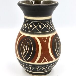 Vintage German Etched Ceramic Pottery Vase MCM Retro 5 inch